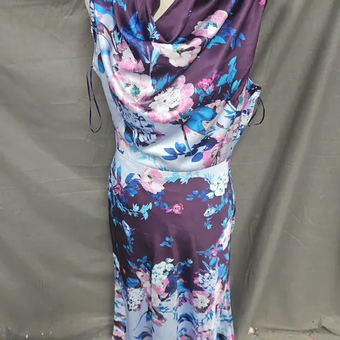 COAST PETITE FALLEN SHOULDER BIAS CUT MIDI DRESS IN PURPLE MULTI SIZE 12