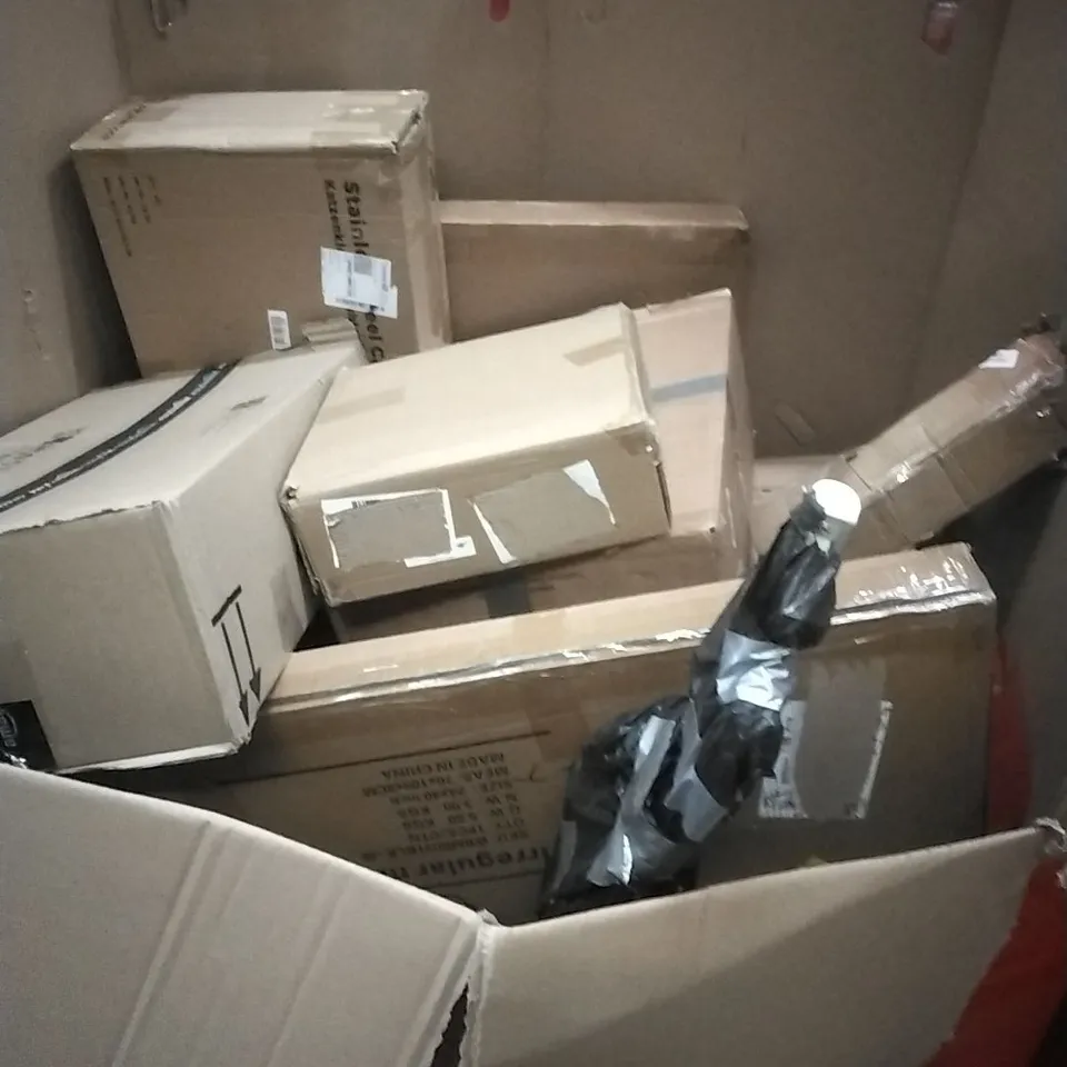 A PALLET CONTAINING ASSORTED HOUSEHOLD GOODS AND PRODUCTS TO INCLUDE; AUTOMATIC BALL LAUNCHER, STEAM CLEANER, MIRROR, BOXED FURNITURE ETC
