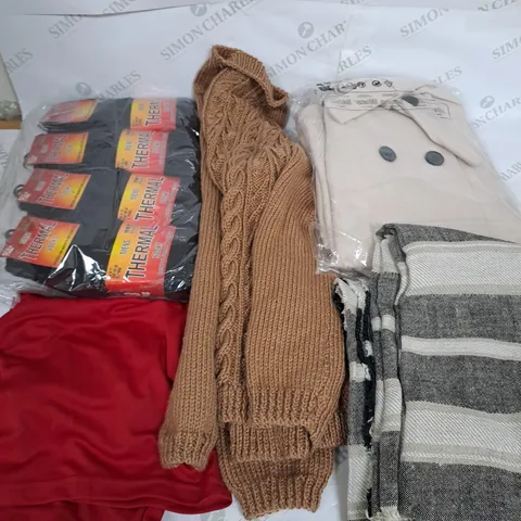 LARGE BOX OF ASSORTED CLOTHING ITEMS IN VARIOUS COLOURS AND SIZES INCLUDING TROUSERS , TOPS AND JUMPERS