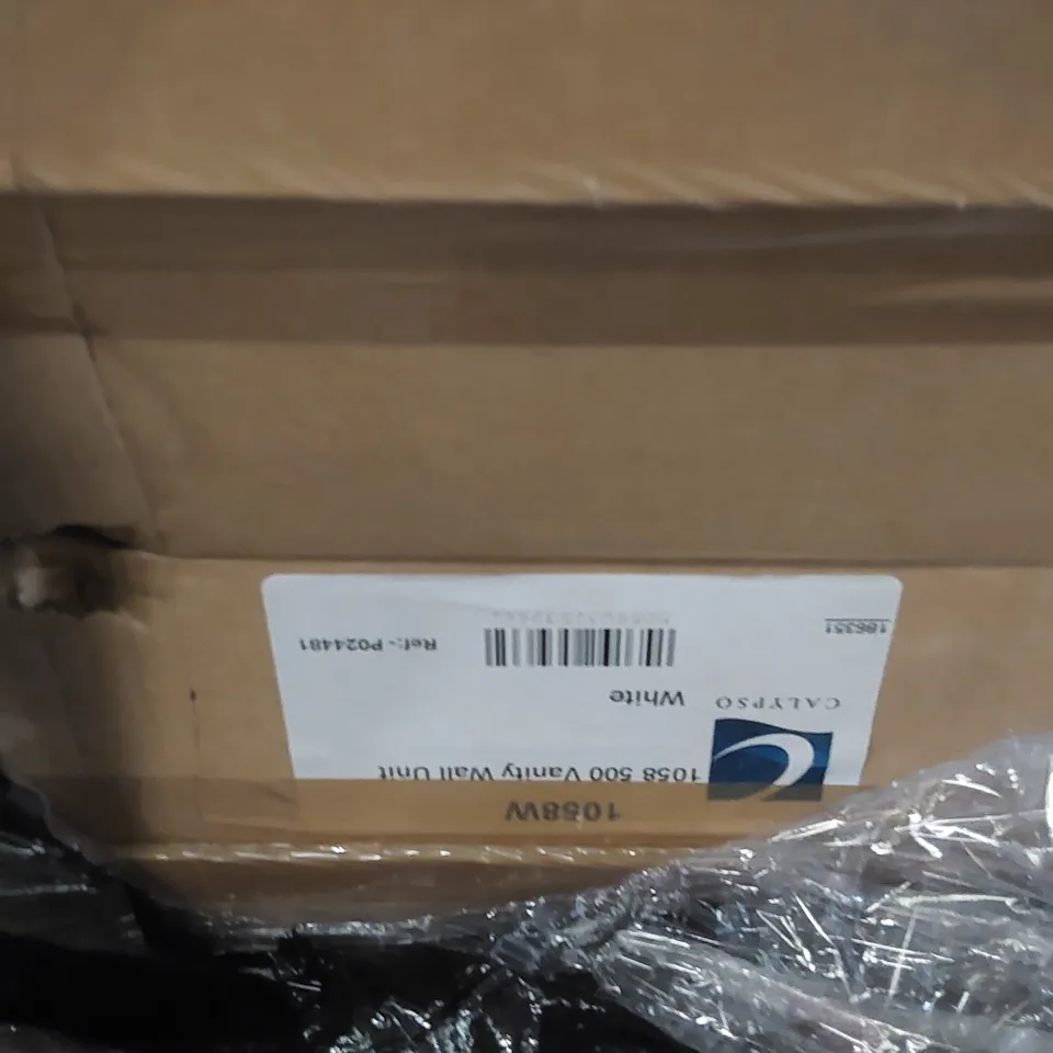 PALLET CONTAINING A LARGE QUANTITY OF BATHROOM FURNITURE PARTS INCLUDING: CALYPSO BASE UNITS, VANITY WALL UNIT CARCASS ECT