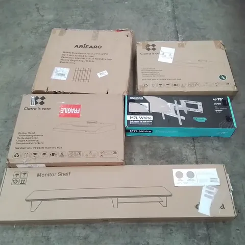 PALLET OF ASSORTED HOUSEHOLD GOODS AND PRODUCTS TO INCLUDE; COOKER HOODS, METAL GARDEN FENCE, MONITOR SHELF, TV WALL MOUNT ETC