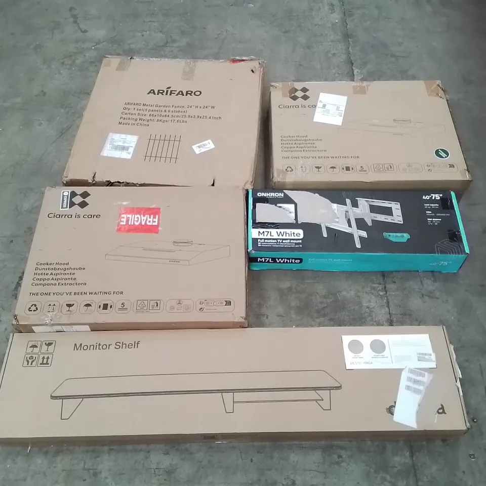 PALLET OF ASSORTED HOUSEHOLD GOODS AND PRODUCTS TO INCLUDE; COOKER HOODS, METAL GARDEN FENCE, MONITOR SHELF, TV WALL MOUNT ETC
