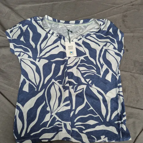 WHITE STUFF WOMEN'S NOTCH NECK TEE – NAVY WITH WHITE LEAF PRINT, UK 14 (EU 42, US 10)