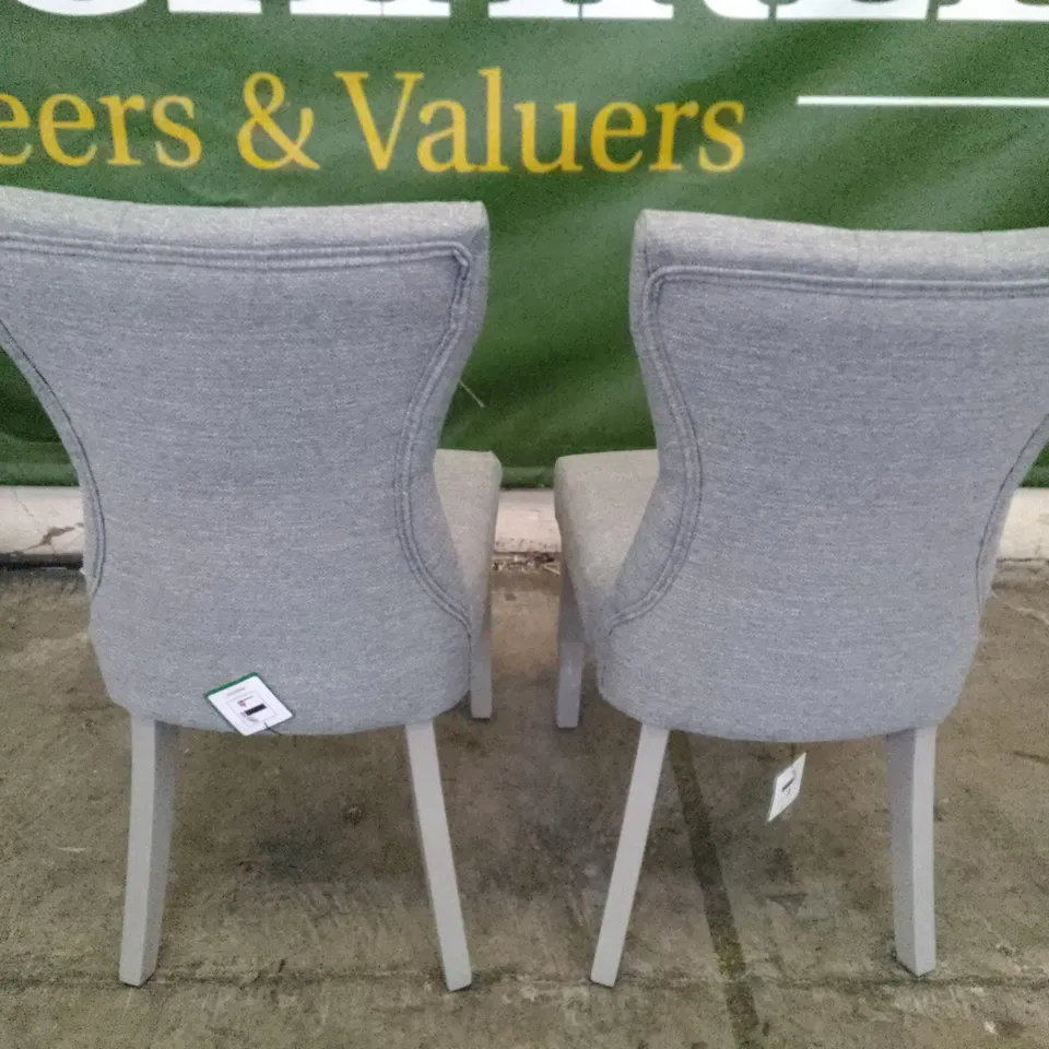 SET OF NEW 2 BEWLEY LIGHT GREY FABRIC BUTTON BACK DINING CHAIRS (GREY LEGS)