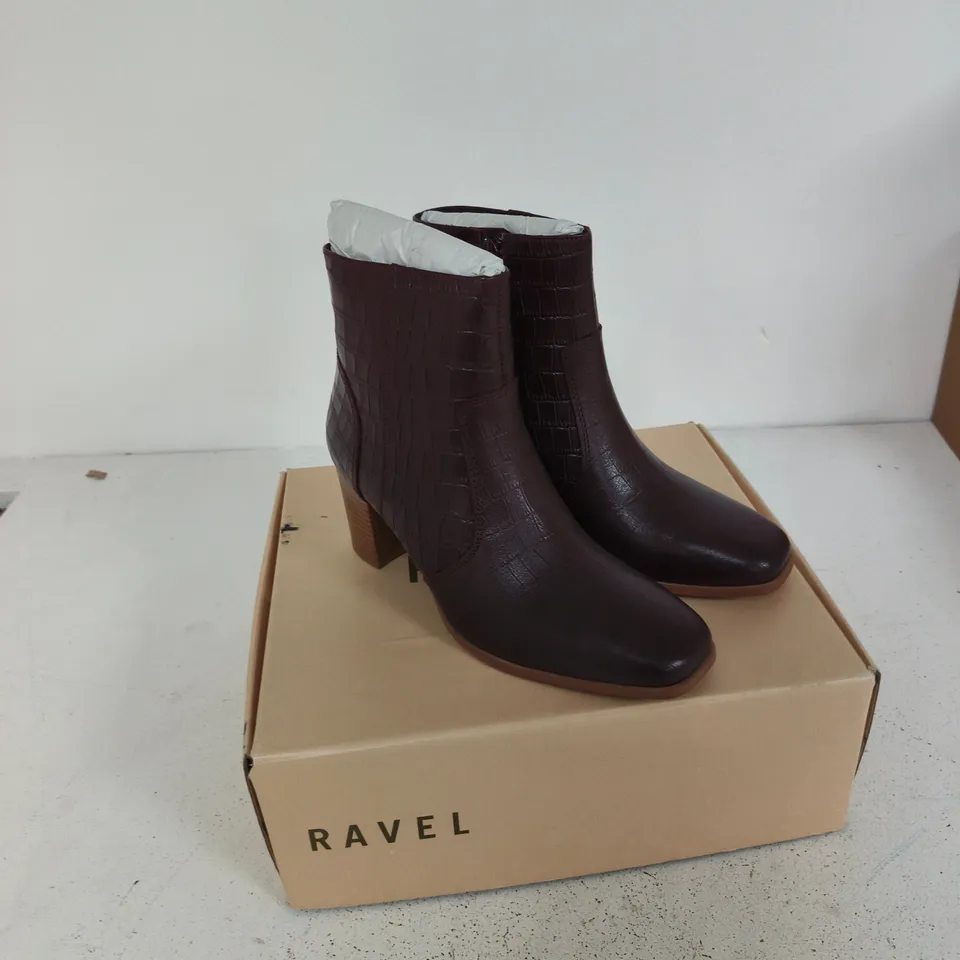 RAVEL BURGUNDY CROC LEATHER ANKLE BOOTS, UK 5 (EU 38)