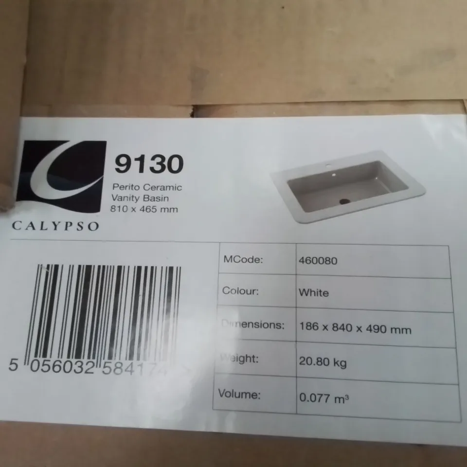 BOXED CALYPSO CERAMIC SINGLE TAP VANITY BASIN WHITE 810 × 465mm