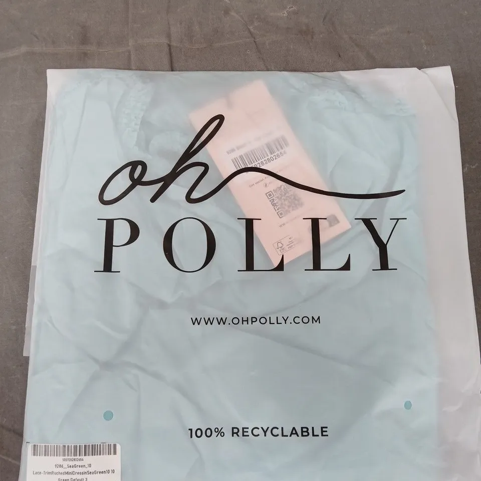 BAGGED OH POLLY TRIM RUCHED MINI DRESS IN SEA GREEN - SIZE 10