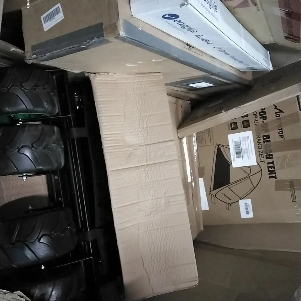 PALLET OF ASSORTED HOUSEHOLD ITEMS TO INCLUDE POP UP GEACH TENT, CHILLI WINDIS KIT, OFFICE CHAIR AND UV GARDEN PARASOL