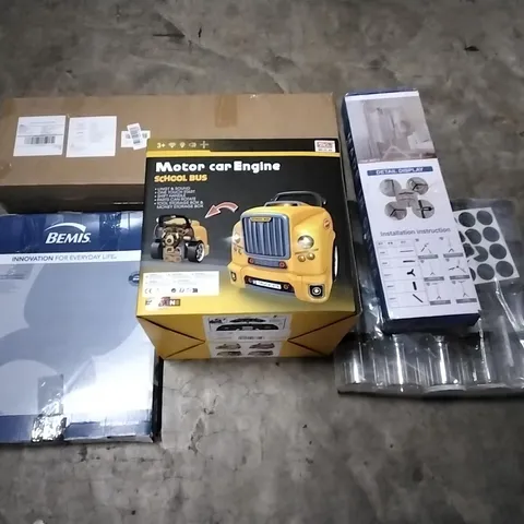 PALLET CONTAINING ASSORTED PRODUCTS INCLUDING MOTOR CAR ENGINE SCHOOL BUS TOY, CLOTHES AIRERS, TOILET SEAT , PLASTIC JARS