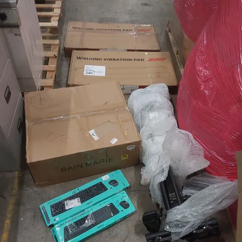 PALLET OF ASSORTED ITEMS INCLUDING: WALKING VIBRATION PADS, BAIN MARIE, EXERCISE EQUIPMENT, LOGITECH WIRELESS KEYBOARDS ECT