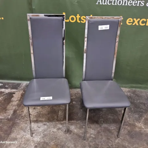 PAIR CHROME FRAMED HIGH BACKED UPHOLSTERED DINING CHAIRS GREY PU