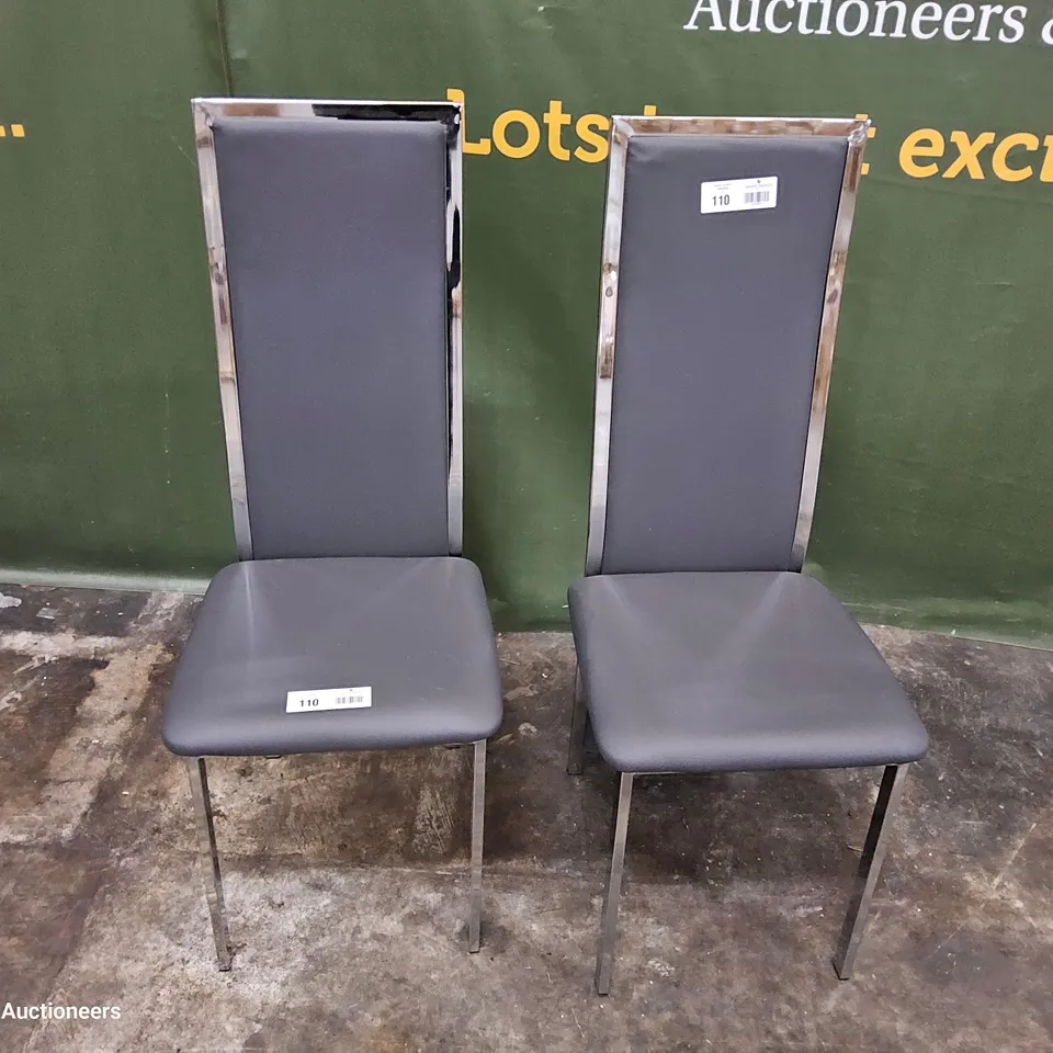 PAIR CHROME FRAMED HIGH BACKED UPHOLSTERED DINING CHAIRS GREY PU