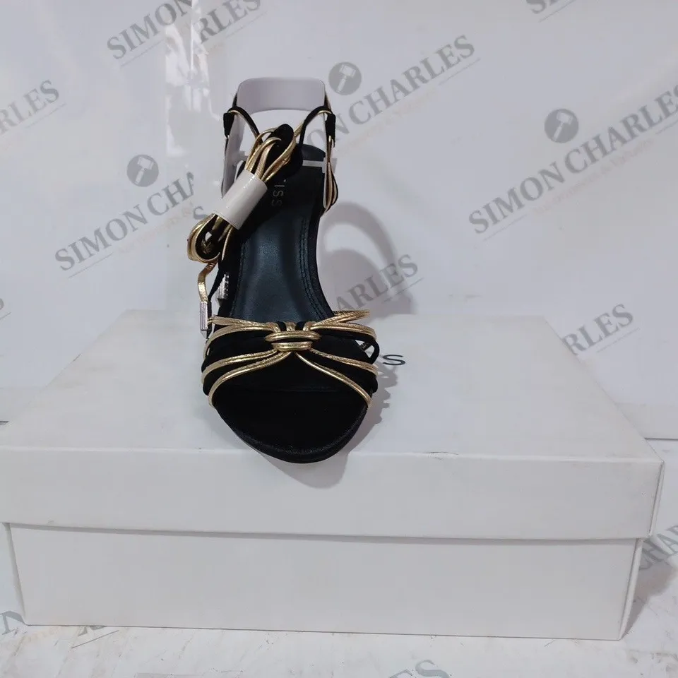 BOXED PAIR OF REISS CASSIDY STRAPPY HEELS IN BLACK/GOLD SIZE 5