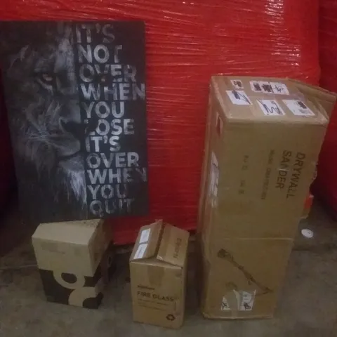 PALLET OF ASSORTED ITEMS INCLUDING PICTURE FRAME, FIRE GLASS, DRYWALL SANDER