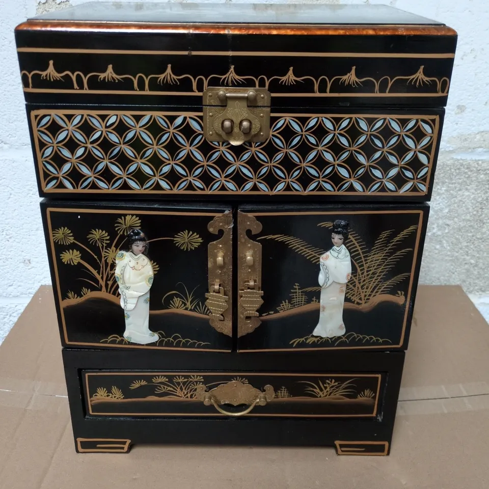 JAPANESE STYLE WOODEN JEWELLERY CABINET WITH MIRROR