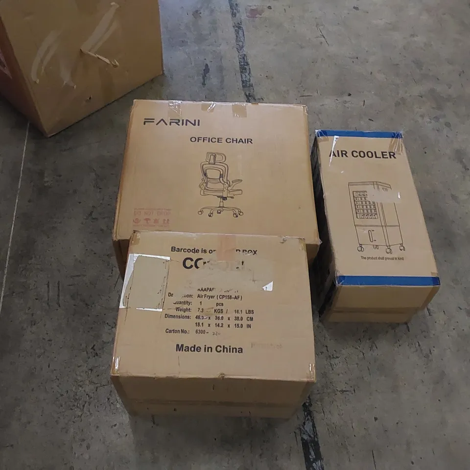 PALLET TO CONTAIN ASSORTED HOUSEHOLD PRODUCTS. INCLUDES AIR COOLER, AIR FRYER, OFFICE CHAIRS ETC
