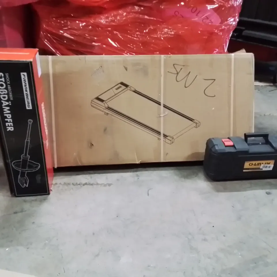 PALLET OF ASSORTED HOUSEHOLD GOODS AND PRODUCTS TO INCLUDE; RUNNING MACHINE,8 INCH CHAINSAW,SHOCK ABSORBER