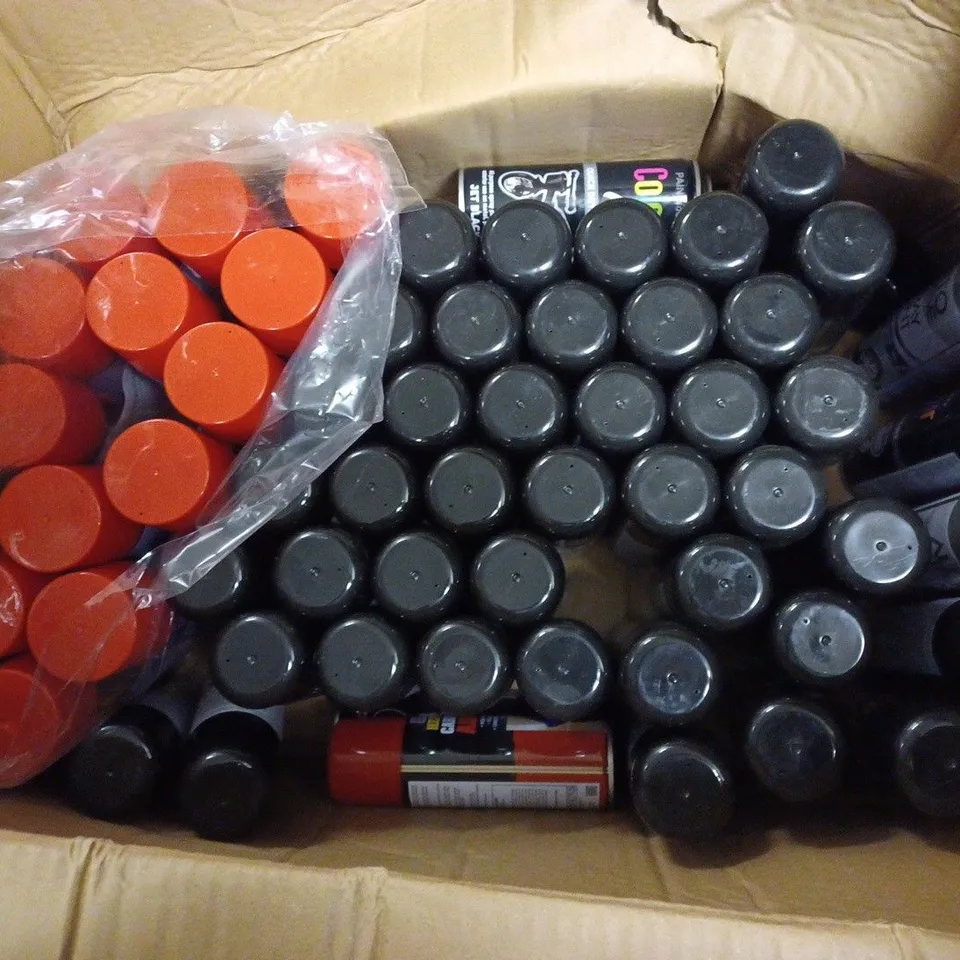 LARGE BOX OF ASSORTED SPRAY PAINT , AND SILICONE LUBRICANT 