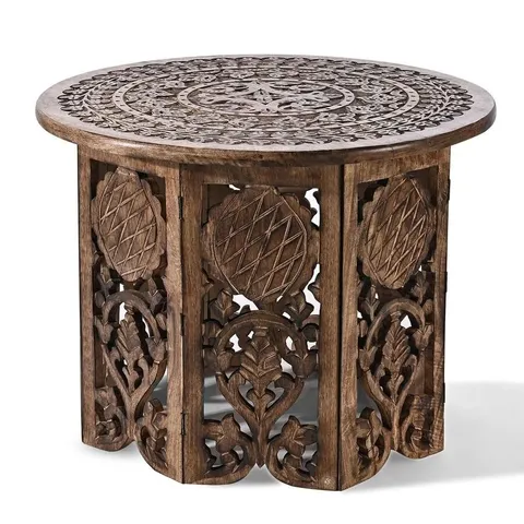 NAKKASHI HAND CARVED MANGO WOOD TABLE 68CM BOXED
