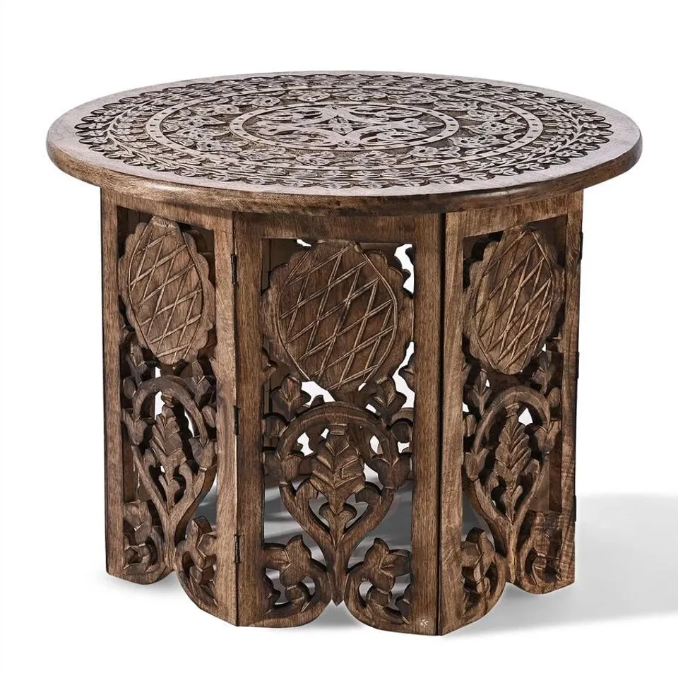 NAKKASHI HAND CARVED MANGO WOOD TABLE 68CM BOXED