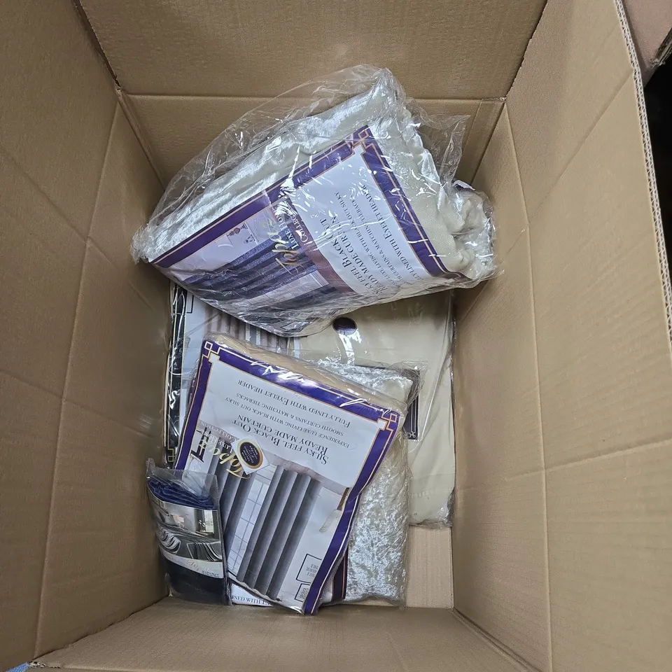 BOX OF APPROXIMATELY 8 X TOPAZ LUXE HOME COLLECTION INCLUDING  SILKY FEEL BLACK-OUT CURTAINS & DEEP FITTED SHEETS (MIXED CURTAINS & BEDDING)