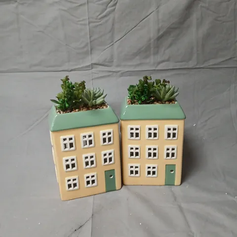 HOME REFLECTIONS SET OF 2 PRE-LIT LED CERAMIC HOUSE PLANTERS WITH SUCCULENTS