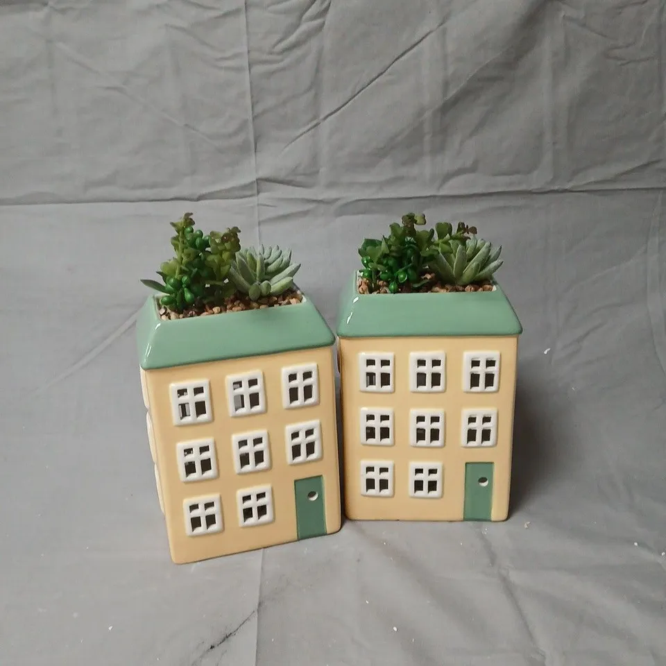 HOME REFLECTIONS SET OF 2 PRE-LIT LED CERAMIC HOUSE PLANTERS WITH SUCCULENTS