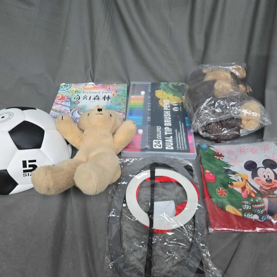 MEDIUM BOX OF ASSORTED TOYS AND GAMES TO INCLUDE TEDDYS, FOOTBALLS AND PENS