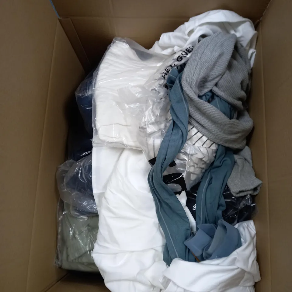 BOX OF ASSORTED CLOTHING ITEMS TOO INCLUDE JUMPERS, SHIRTS AND TROUSERS IN VARIOUS SIZES AND COLOURS   