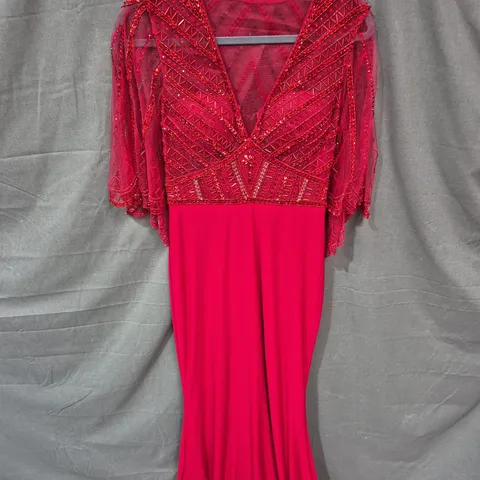 Red Beaded Evening Dress with Sheer Bodice and Sleeves - SIZE 6