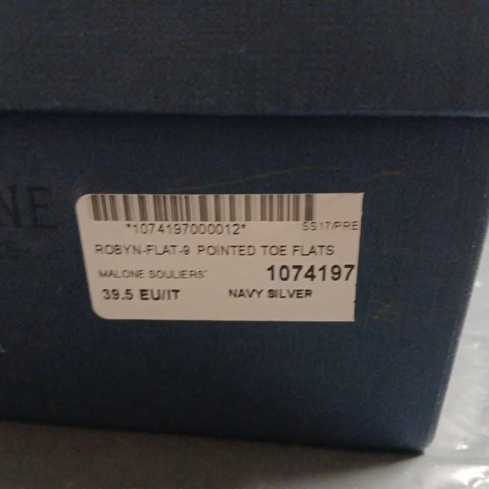 MALONE SOULIERS NAVY SUEDE POINTED-TOE FLATS WITH SILVER STRAPS, UK 6.5