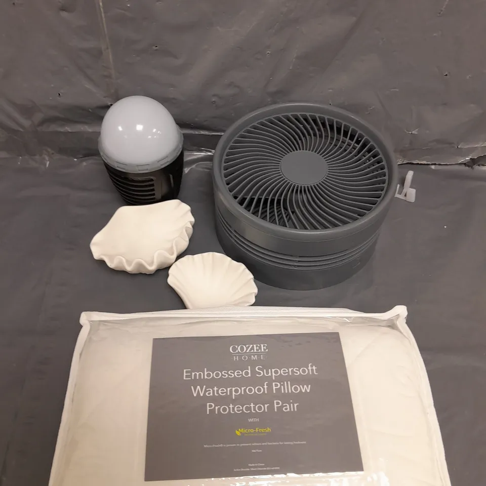 APPROXIMATELY 15 ASSORTED HOUSEHOLD PRODUCTS TO INCLUDE DESK FAN, LED LIGHT, PILLOW PROTECTORS ETC 