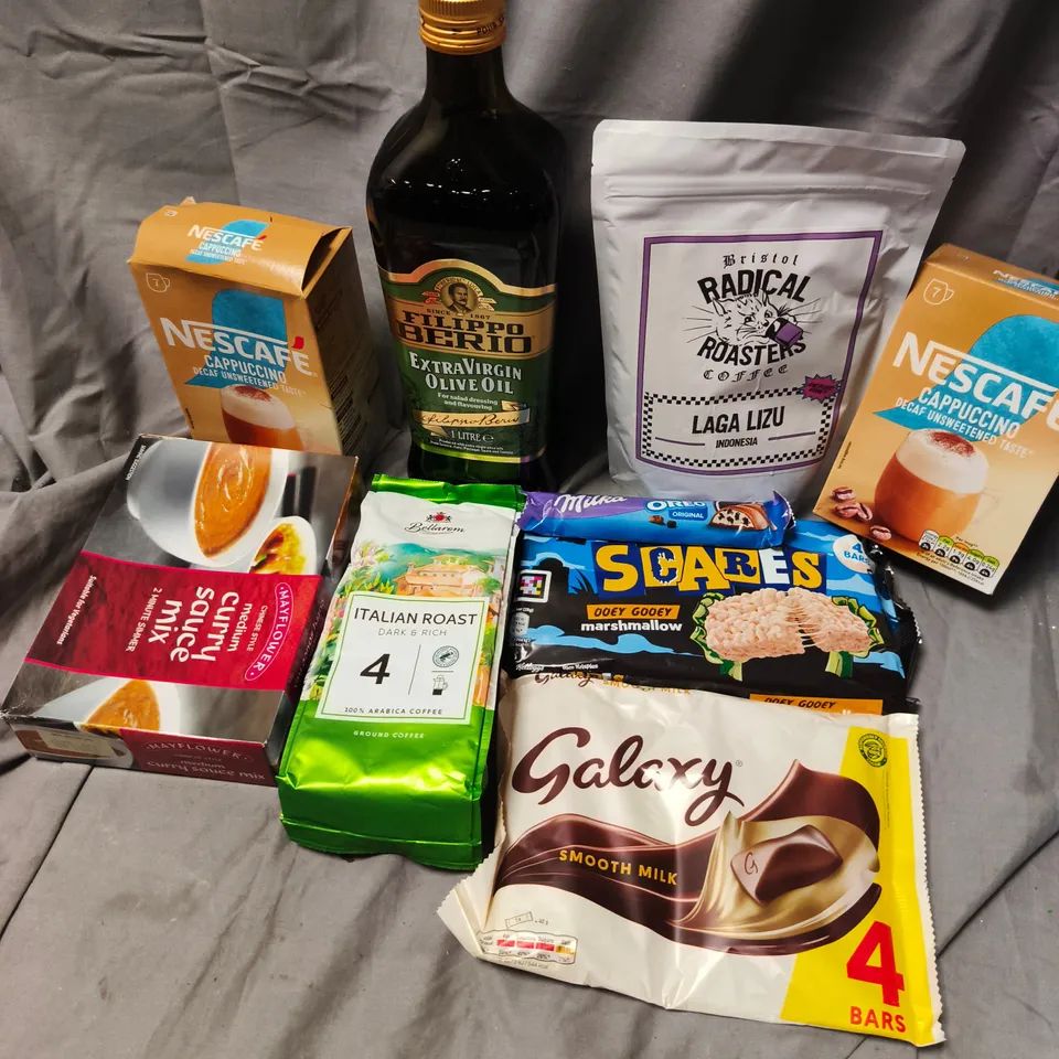 APPROXIMATELY 12 ASSORTED FOOD & DRINK ITEMS TO INCLUDE NESCAFE CAPPUCINO, EXTRA VIRGIN OLIVE OIL, GALAXY SMOOTH MILK, ETC - COLLECTION ONLY