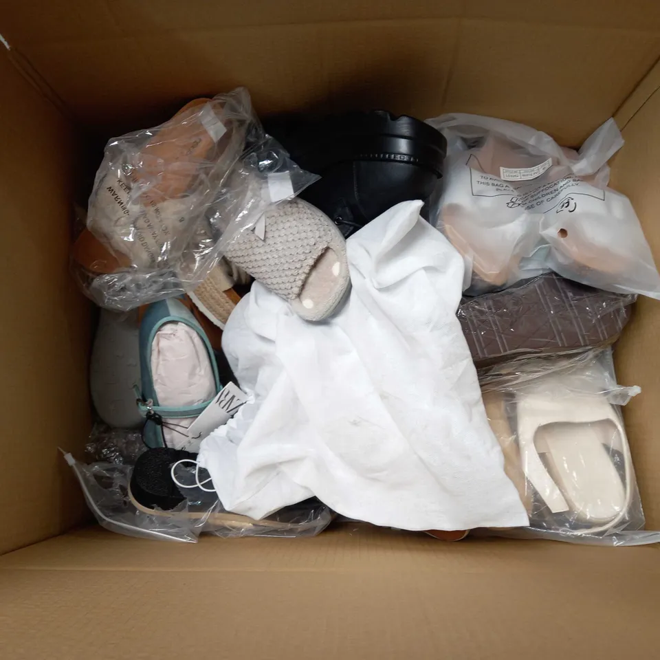 BOX OF APPROXIMATELY 20 ASSORTED PAIRS OF UNBOXED SHOES OF VARIOUS SIZES AND STYLES TO INCLUDE ZARA, ASOS, THE SLIPPER COMPANY, ETC