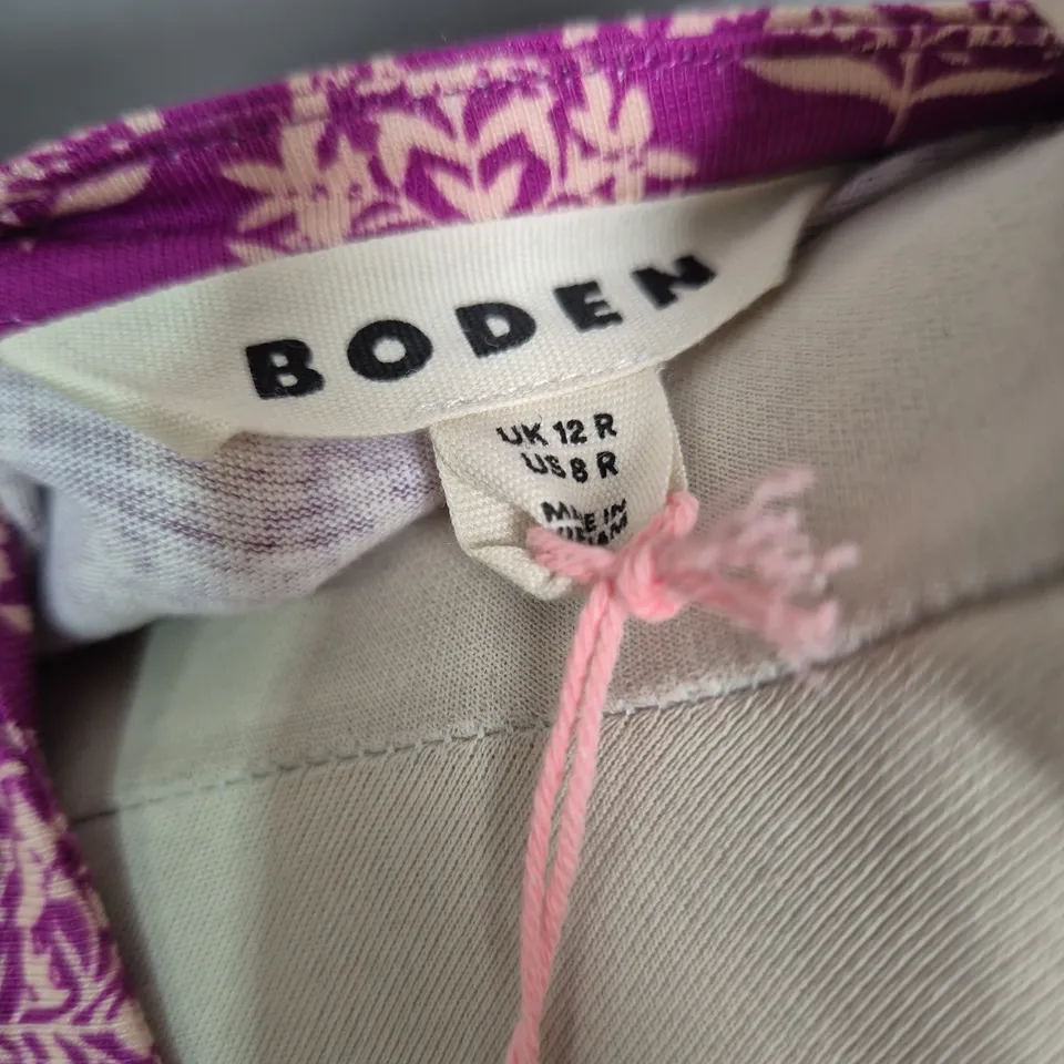 BODEN WOMEN'S DRESS – PURPLE & CREAM LEAF PRINT, UK 12 (US 8)