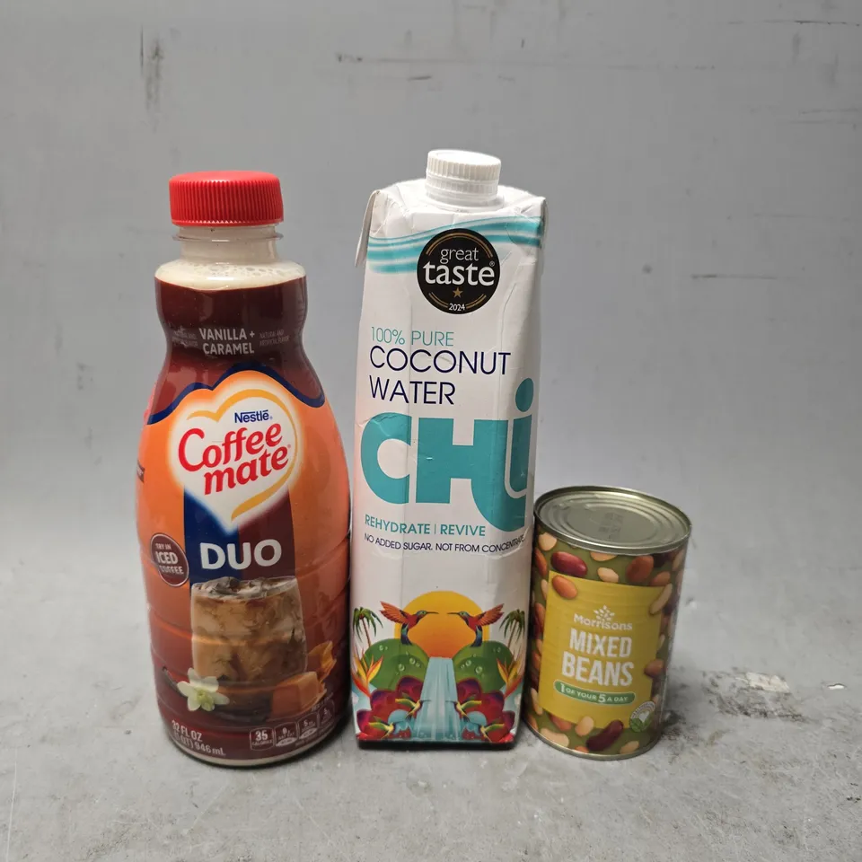 APPROXIMATELY 15 ASSORTED FOOD & DRINK ITEMS TO INCLUDE -  COFFEE MATE DUO , COCONUT WATER , MORRISONS MIXED BEANS 