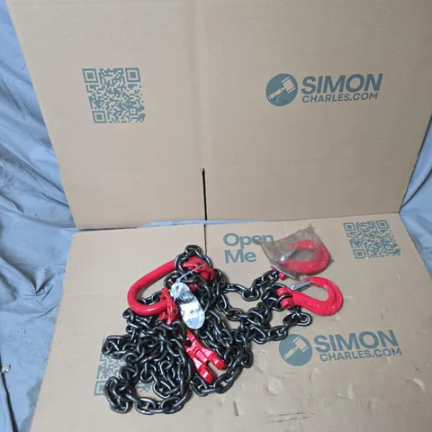 TWO-LEG LIFTING CHAIN SLING WITH RED HOOKS, 8MM DIAMETER X 2M, 3T RATED LOAD