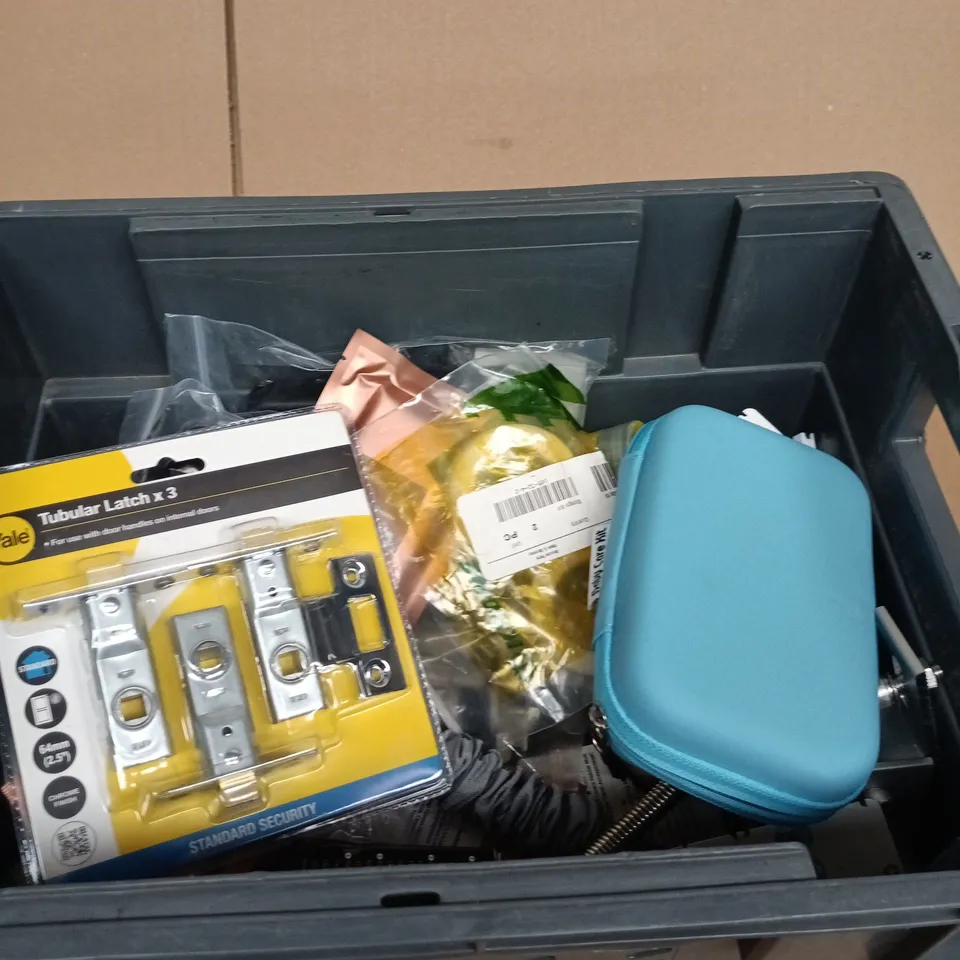 BOX OF ASSORTED GOODS INCLUDING YALE TUBULAR LATCH X3, NAIL KIT AND KRONE ZERO ADJUSTER ROLL PLASTIC
