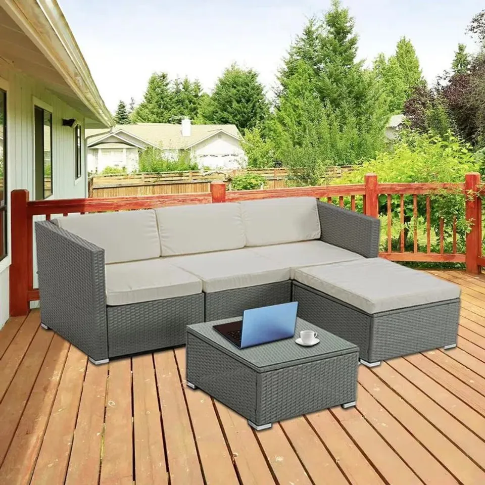 BOXED RATTAN GARDEN WICKER FURNITURE PATIO SOFA SET WITH GLASS COFFEE TABLE - GREY (2 BOXES)