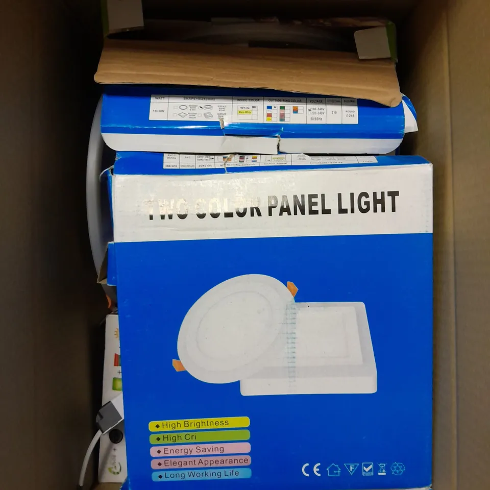 APPROXIMATELY 15 BOXED TWO COLOUR PANEL LIGHTS IN VARIOUS SIZES 