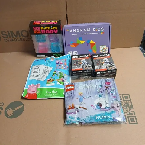 TOTE OF APPROXIMATELY 20 ASSORTED TOYS/RELATED ITEMS TO INCLUDE TANGRAM KIDS, STAR WARS RIVALS BOOSTER PACK, NEE DOH SET, PEPPA PIG FUN BAG, LEGO FROZEN ETC