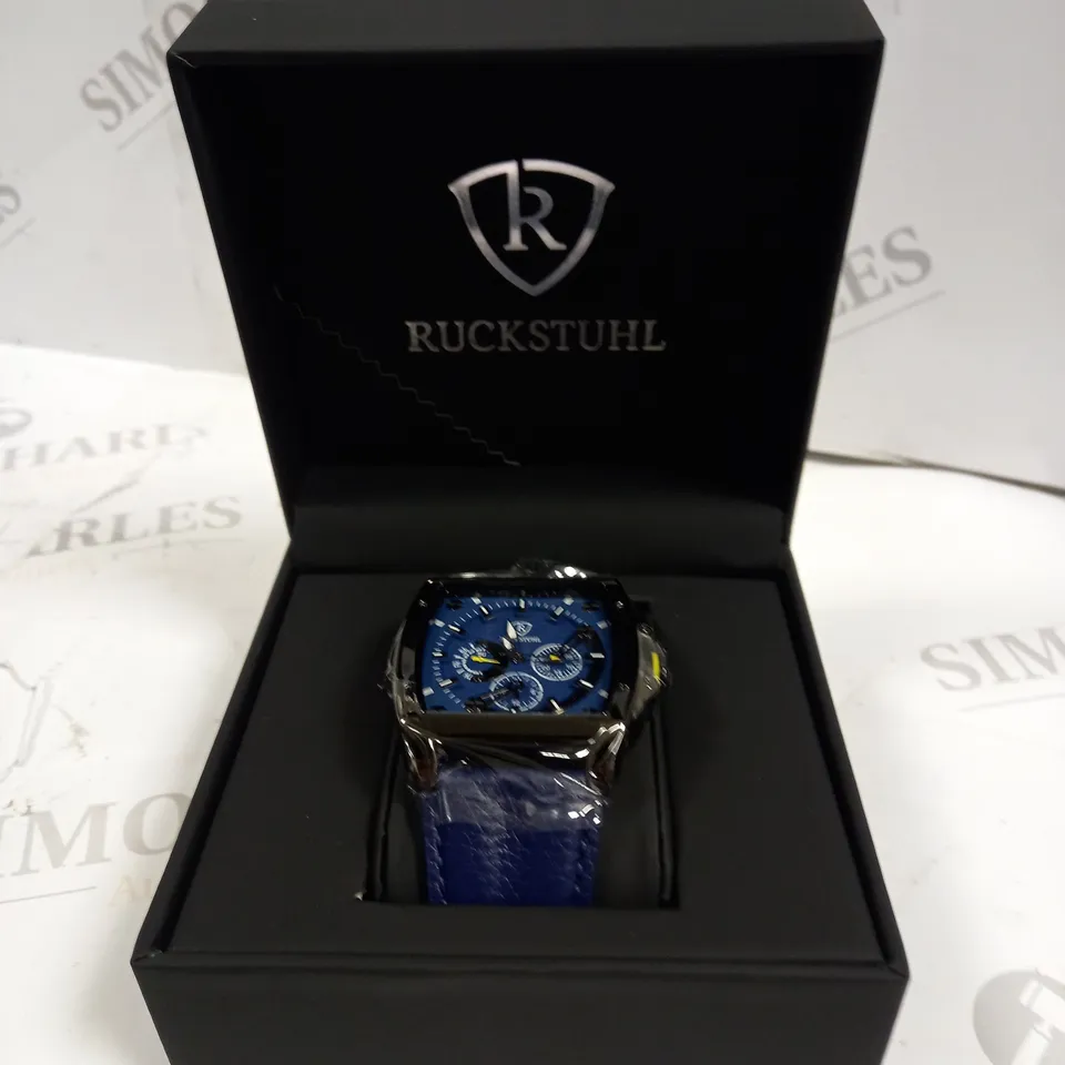 MEN’S RUCKSTUHL R300 CHRONOGRAPH WATCH – BLUE MULTI FUNCTION DIAL – BLACK CASE -3ATM WATER RESISTANT – GENUINE LEATHER STRAP