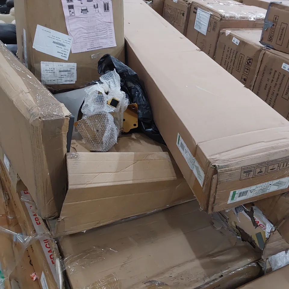 PALLET OF ASSORTED BOXED FURNITURE PARTS, INCLUDING SOFA BED ARMS, BED FRAME PARTS, DONING TABLE PARTS.
