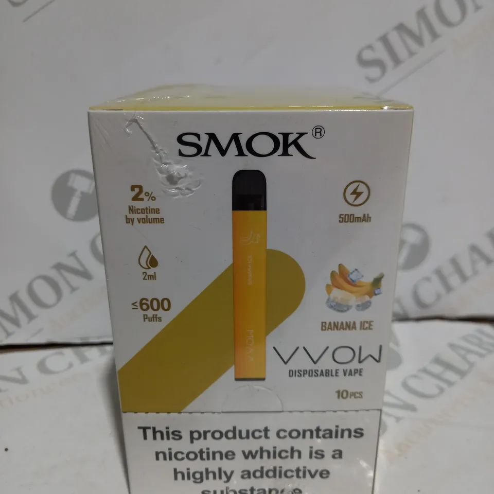 BOXED CELLOPANE-WRAPPED PACK OF TEN SMOK VVOW DISPOSABLE VAPES - BANANA ICE 