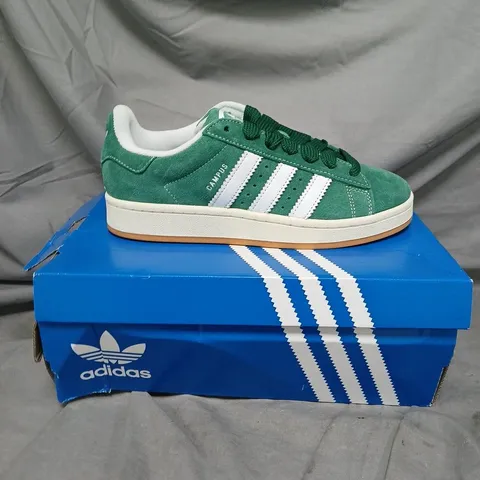 BOXED PAIR OF ADIDAS CAMPUS GREEN SUEDE TRAINERS - SIZE 6