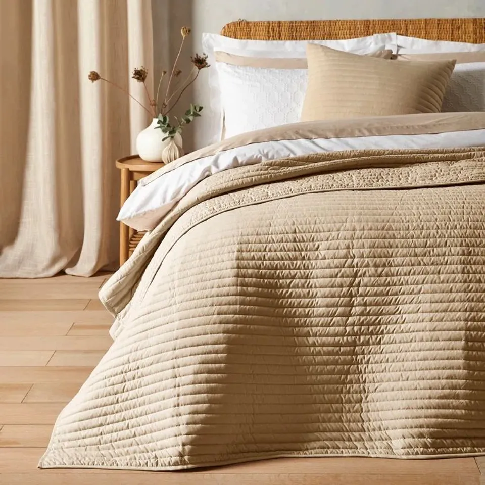 QUILTED LINES 220×230CM BEDSPREAD - LIGHT BROWN