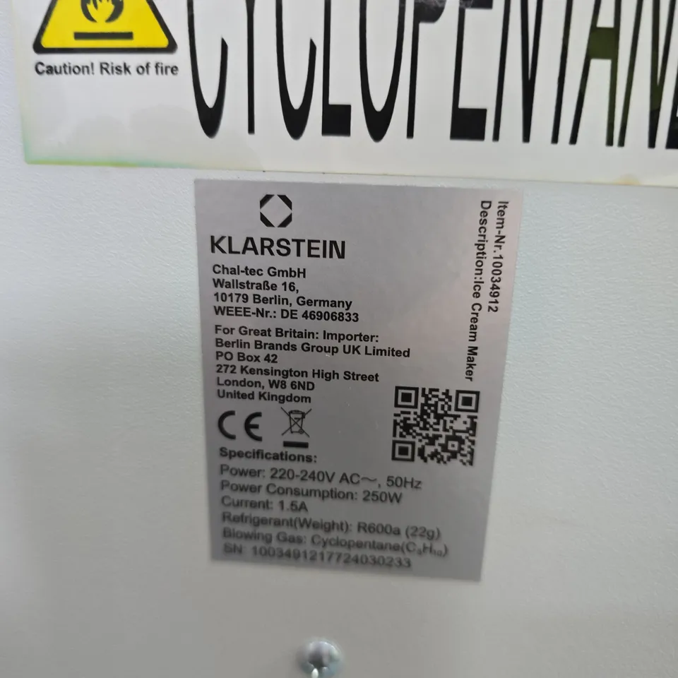 KLARSTEIN ICE CREAM MAKER – WHITE, 250W, 220-240V