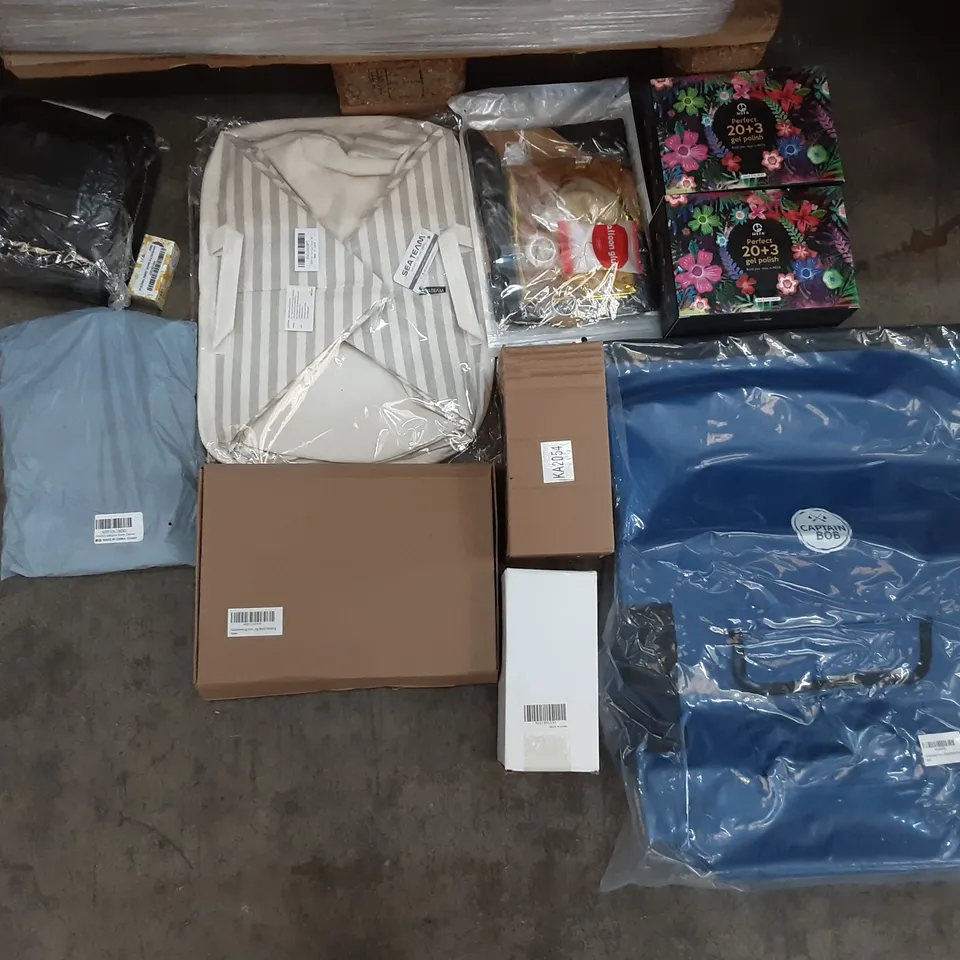 PALLET OF ASSORTED PRODUCTS TO INCLUDE PLAY YOUR NUMBER CARD GAME, MEFA PERFECT 20+3 GEL POLISH, SEA TEAM, CAPTIAN BOB DRY BACKPACK, DEVE HERBS DISTILLED 15ML, ADJUSTABLE CROSS HEAD HOSE SET 