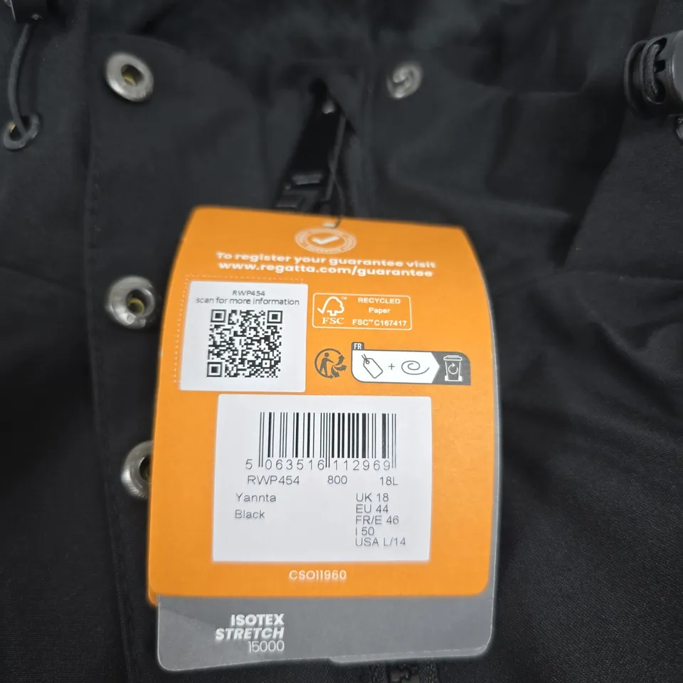 REGATTA ISOTEX STRETCH WATERPROOF JACKET – BLACK, UK 18 (LADIES)