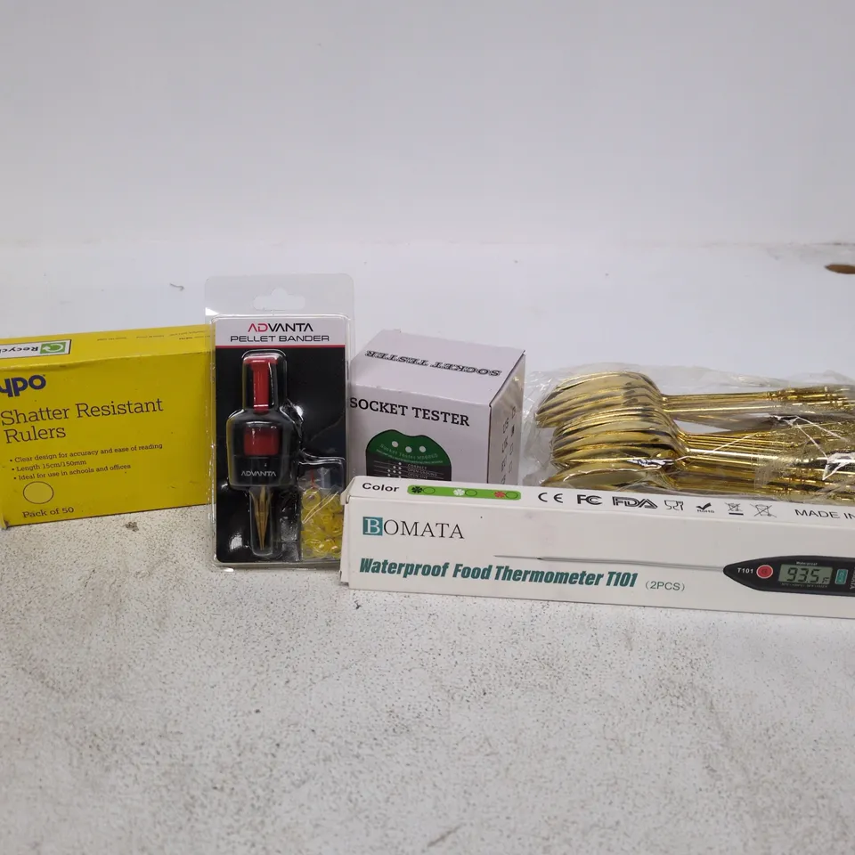 TOTE OF APPROXIMATELY 15 ASSORTED ITEMS TO INCLUDE BOMATA FOOT THERMOMETER, SOCKET TESTER, ADVANTA PELLET BANDER, YPO RULERS ETC